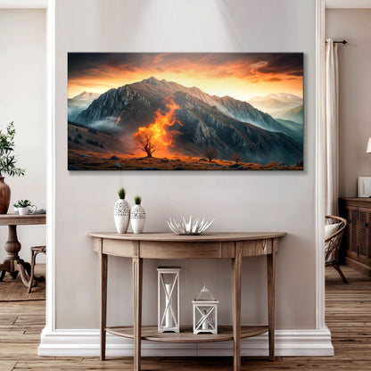 Burning Bush Faith Wall Art XIII canvas print with fiery orange sunset over rugged mountains on Tampa Home & Garden Store