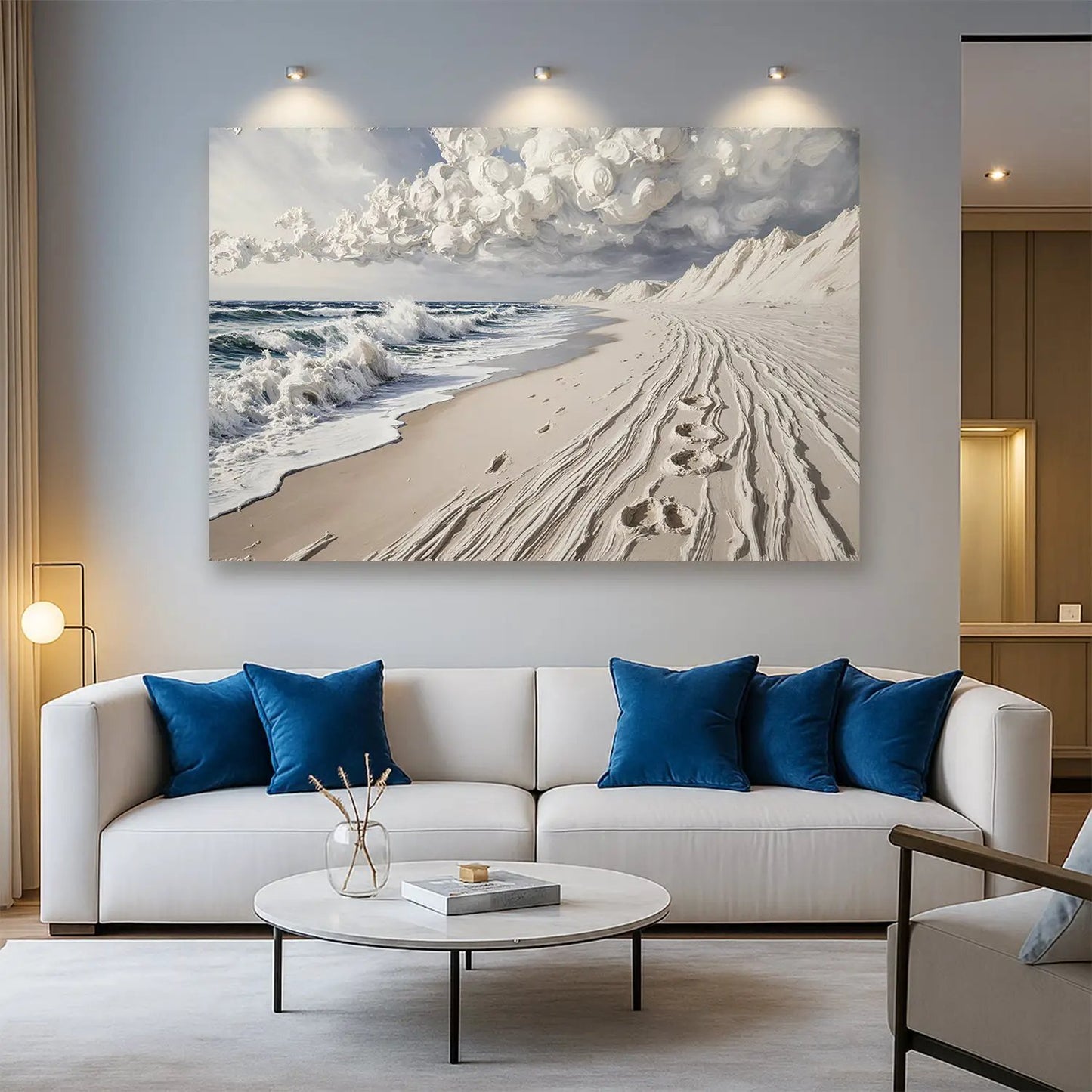 Footprints in the Sand Wall Art beige-sand toned canvas print with waves and dramatic clouds on Tampa Home & Garden Store
