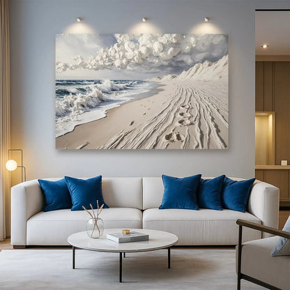 Footprints in the Sand Wall Art beige-sand toned canvas print with waves and dramatic clouds on Tampa Home & Garden Store