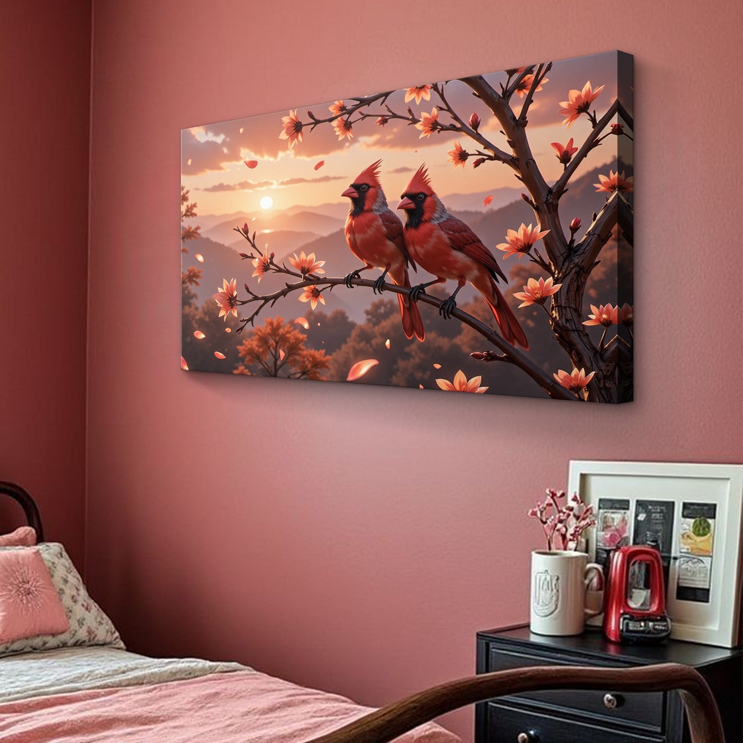 3D Cardinals Wall Art III canvas featuring two cardinals on a flowering branch at sunset on Tampa Home & Garden Store