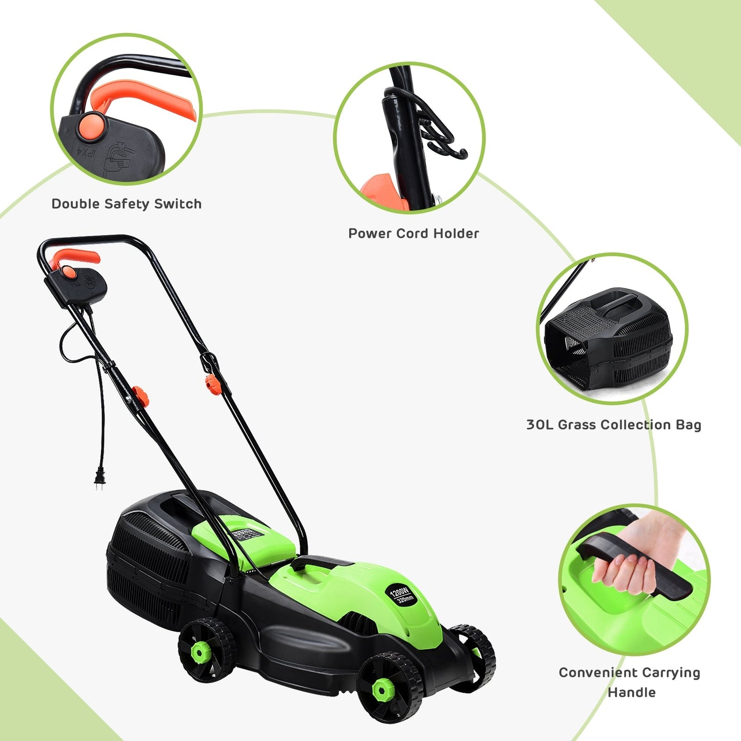 Cortacésped eléctrico con cable de empuje de 13 pulgadas con bolsa recolectora de hierba - Verde