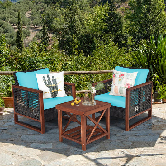 3 Pieces Acacia Wood Patio Furniture Set with Coffee Table-Turquoise - Tampa Home & Garden Store