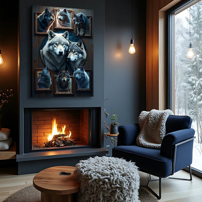 3D Wolf Collage Wall Art II canvas by Tailored Canvases featuring blue-gray wolf portraits on Tampa Home & Garden Store