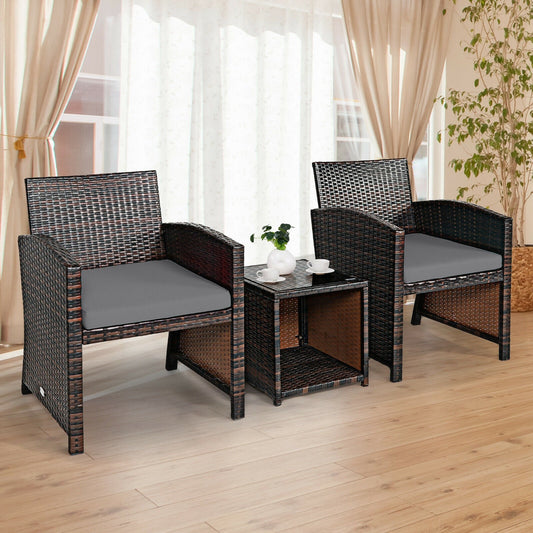3 Pieces PE Rattan Wicker Furniture Set with Cushion Sofa Coffee Table for Garden - Tampa Home & Garden Store