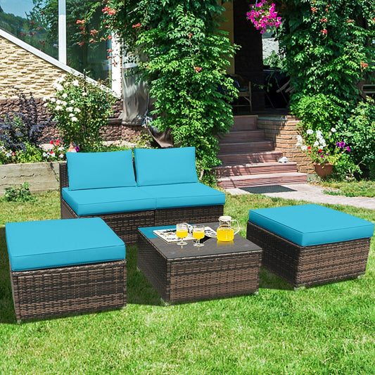 5 Pieces Patio Rattan Furniture Set with Cushioned Armless Sofa - Tampa Home & Garden Store