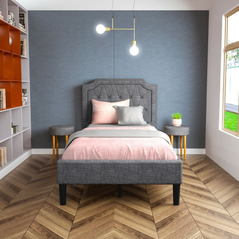 Cama Plataforma Tapizada Gemela de Lino con Cabecero y Base de Colchón