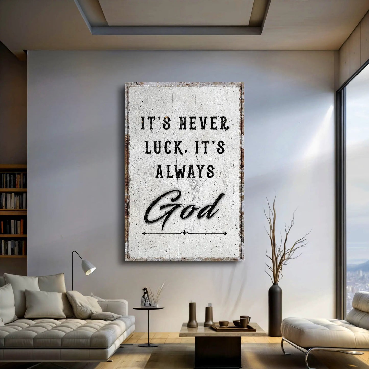 Canvas wall art It's Never Luck, It's Always God Faith Wall Art on white canvas on Tampa Home & Garden Store