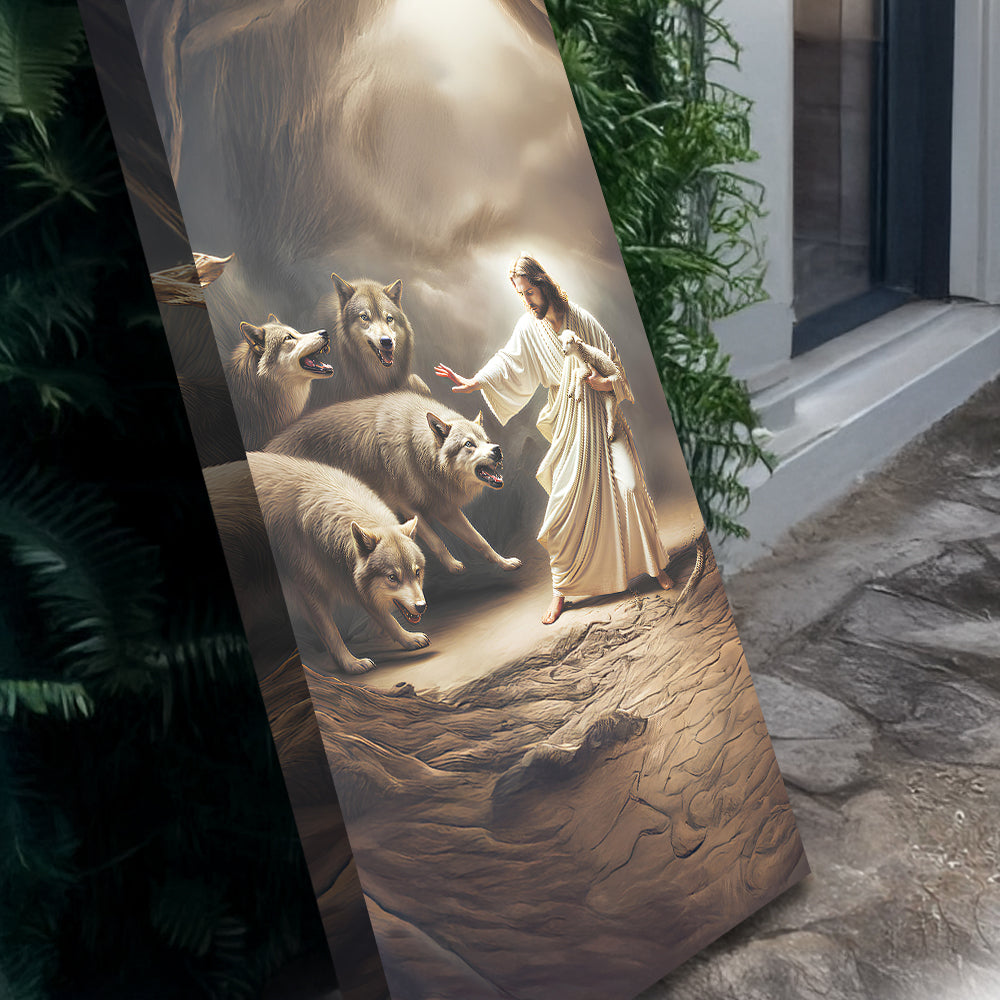 Jesus Protects The Lamb From Wolves Faith Wall Art VII canvas Tailored Canvases warm tones on Tampa Home & Garden Store