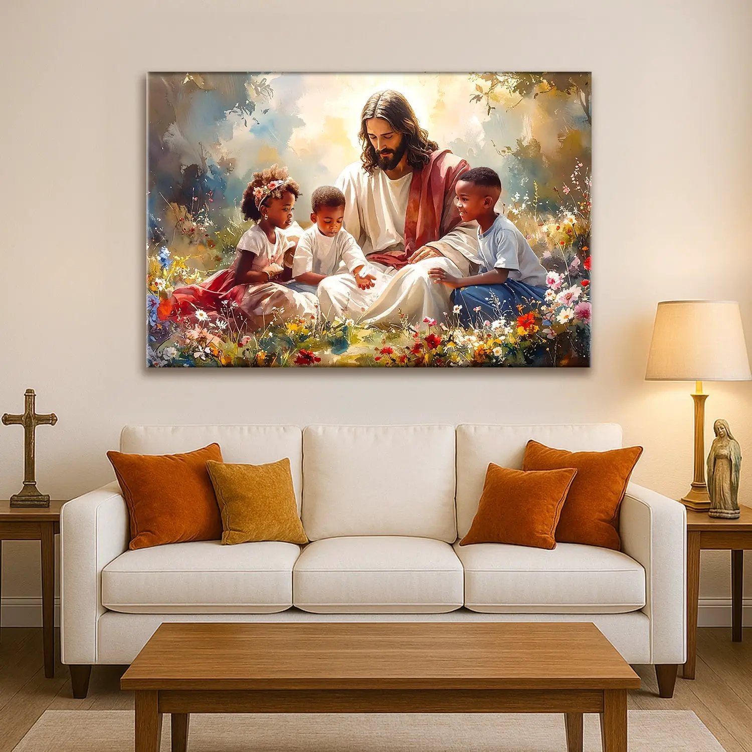 Jesus With Children Faith Wall Art V canvas depicting Jesus with kids among flowers on Tampa Home & Garden Store
