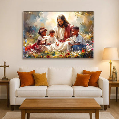 Jesus With Children Faith Wall Art V canvas depicting Jesus with kids among flowers on Tampa Home & Garden Store