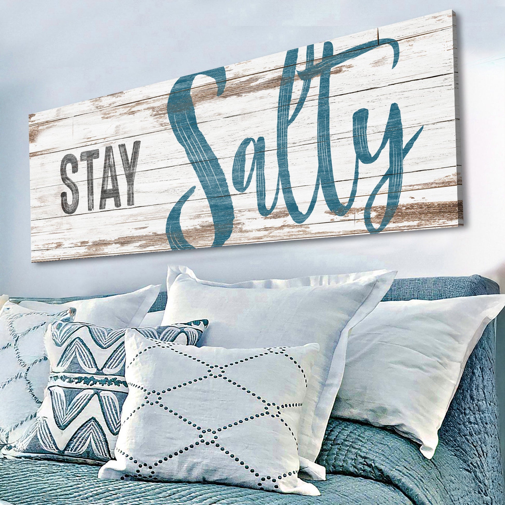 Stay Salty Coastal Sign VIII canvas with distressed whitewashed wood background teal script on Tampa Home & Garden Store