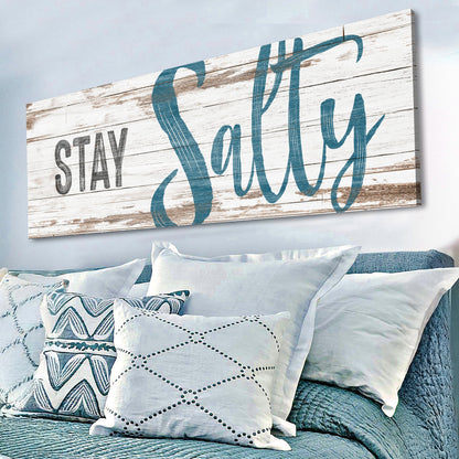 Stay Salty Coastal Sign VIII canvas with distressed whitewashed wood background teal script on Tampa Home & Garden Store
