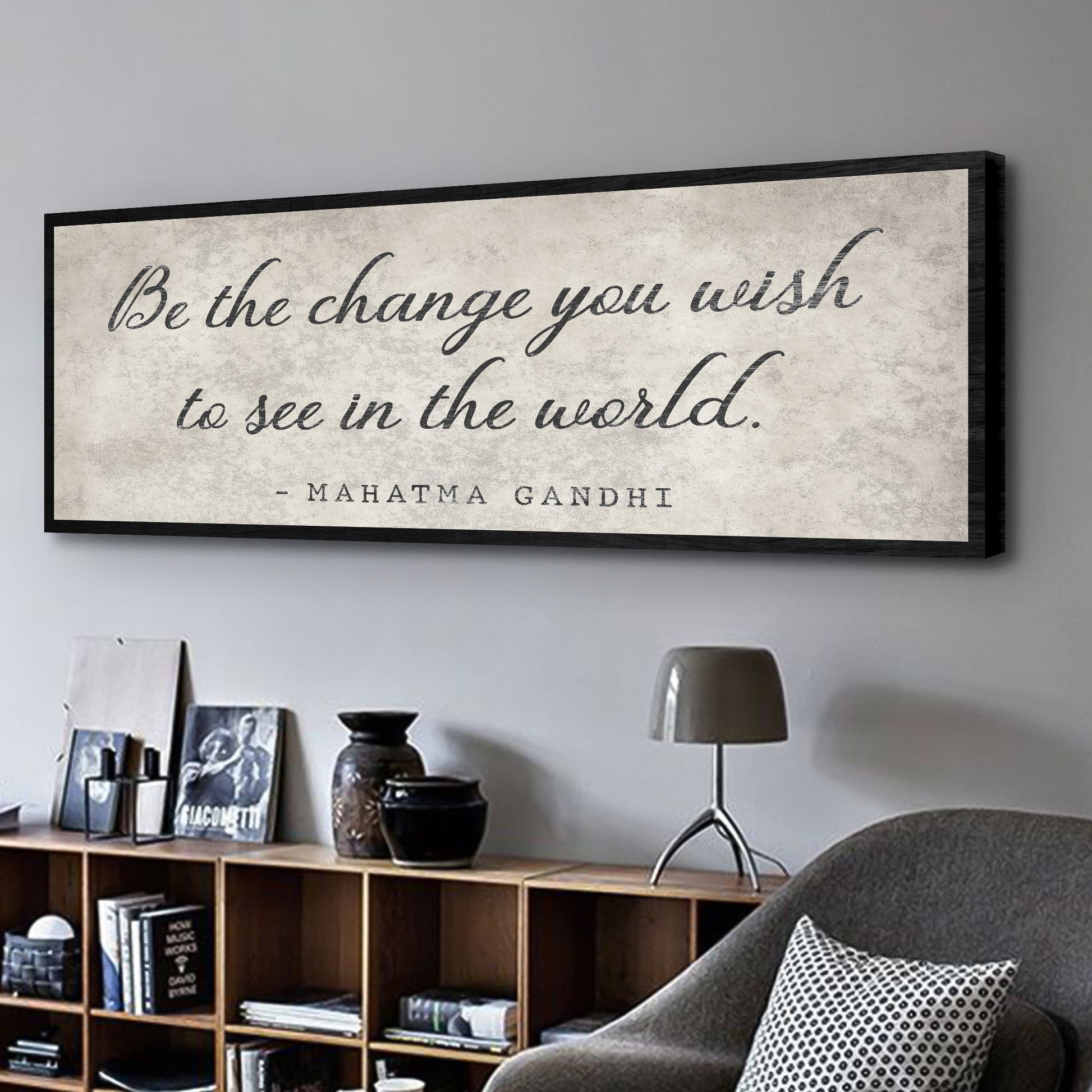 Be The Change You Wish To See Inspiration Sign II canvas with parchment and black frame on Tampa Home & Garden Store