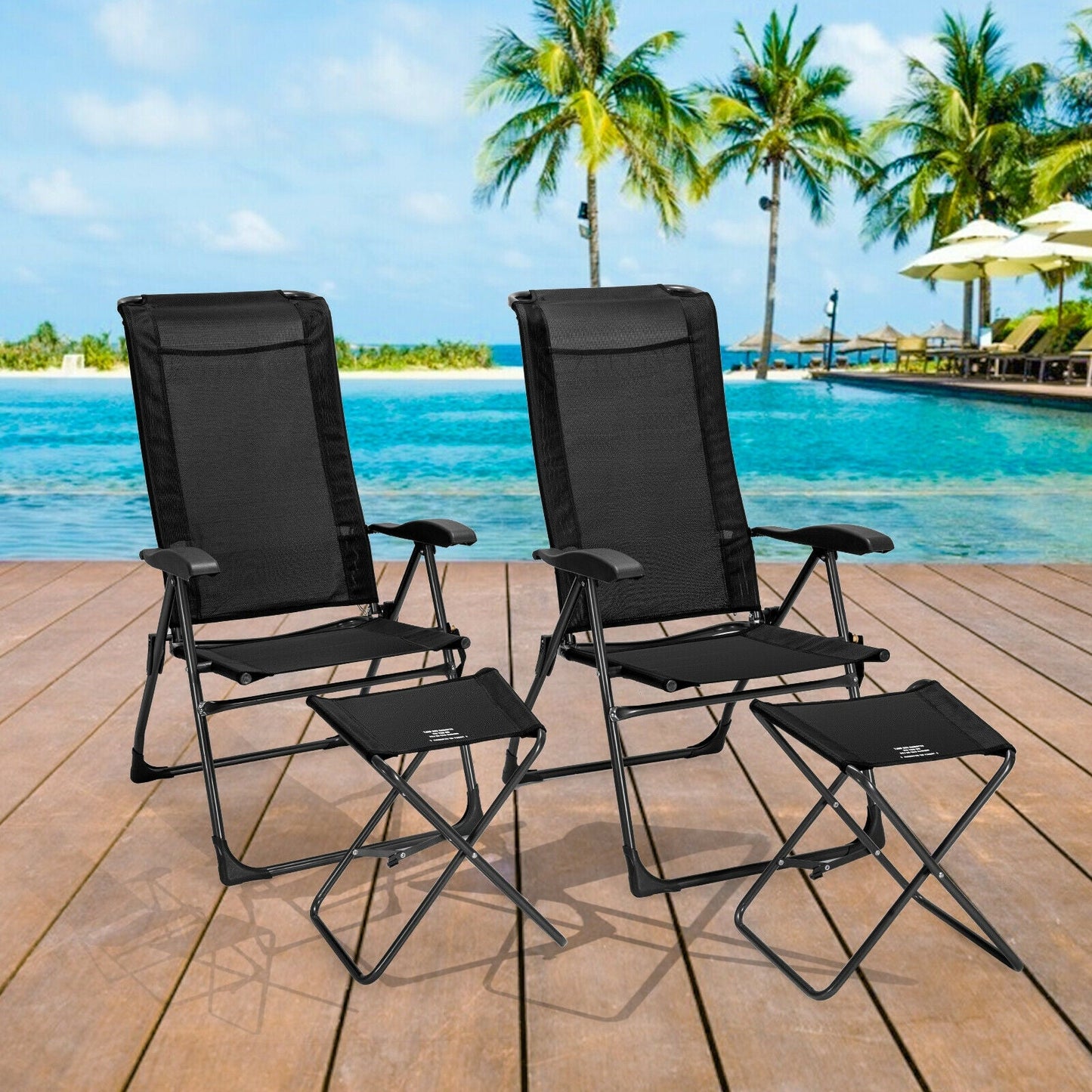 4 Pieces Patio Adjustable Back Folding Dining Chair Ottoman Set-Black