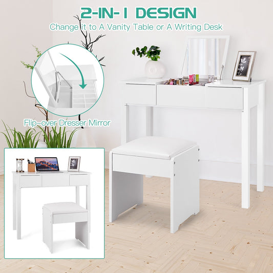 Juego de tocador con espejo elevable y taburete acolchado - Blanco