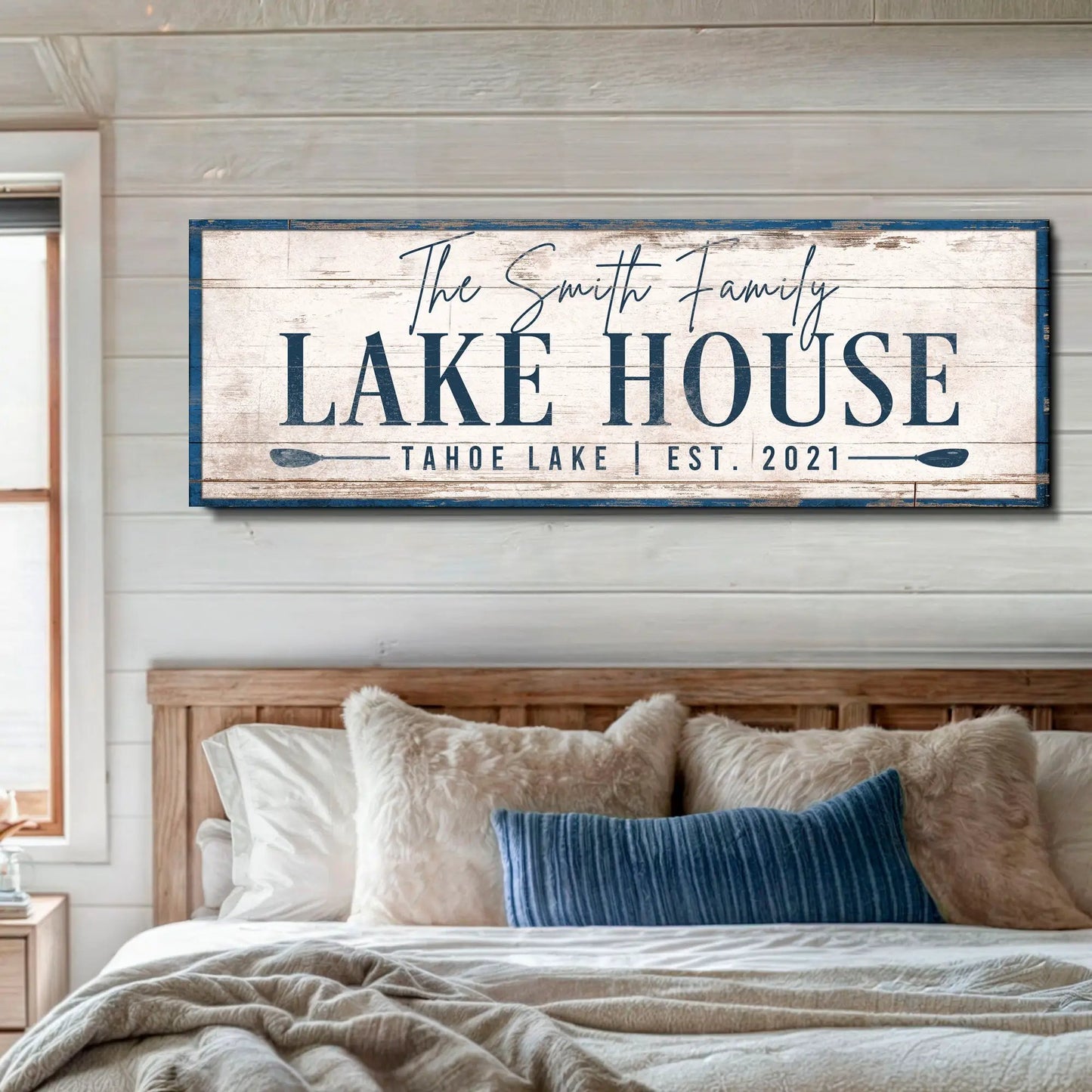 Canvas sign Personalized Lake House Sign V with rustic distressed white wood and blue frame on Tampa Home & Garden Store