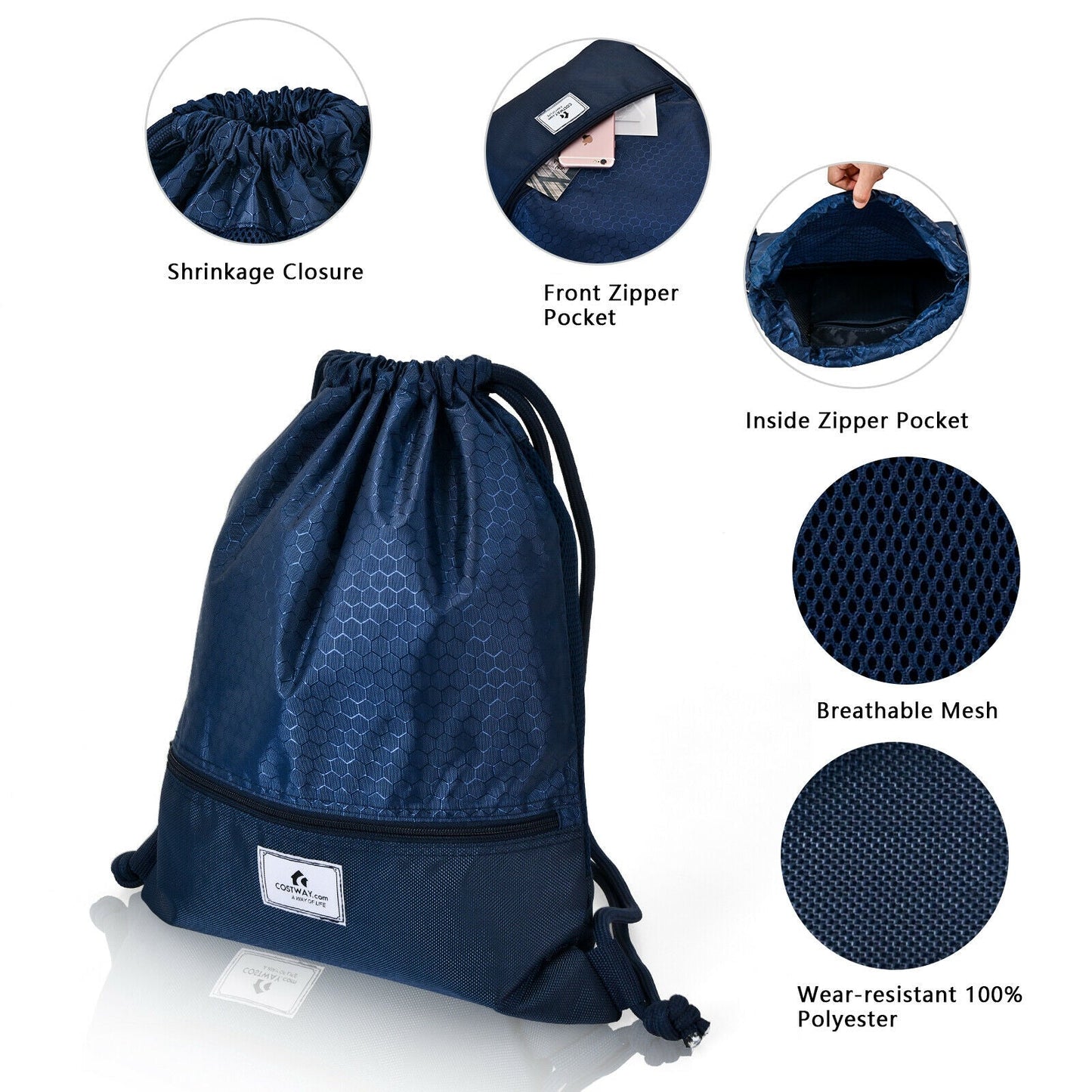 GemGear navy blue drawstring backpack with front zipper pocket and breathable mesh polyester on Tampa Home & Garden Store