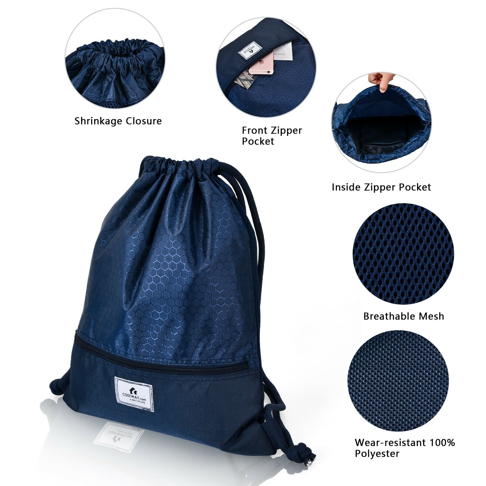 GemGear navy blue drawstring backpack with front zipper pocket and breathable mesh polyester on Tampa Home & Garden Store
