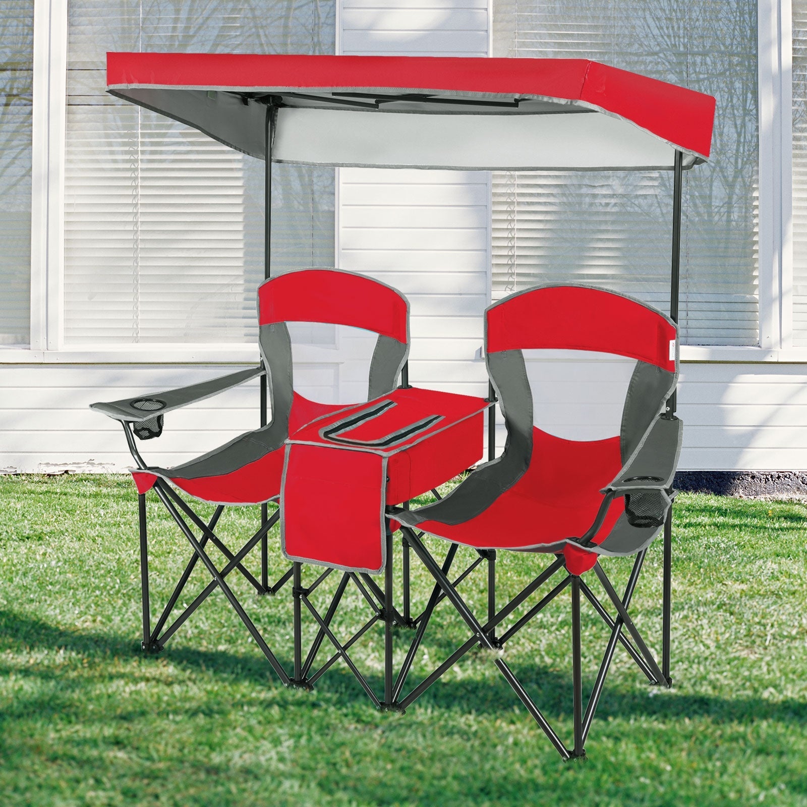 GemGear portable folding camping canopy chairs with cup holders red canopy gray frames 2 chairs on Tampa Home & Garden Store