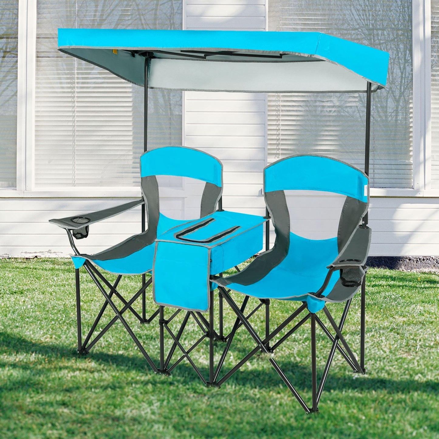 GemGear portable folding camping canopy chairs with cup holder, teal chairs under blue canopy on Tampa Home & Garden Store