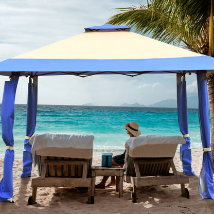 GemGear 13x13 ft pop up canopy tent with cream canopy and blue trim, beach lounge setup on Tampa Home & Garden Store