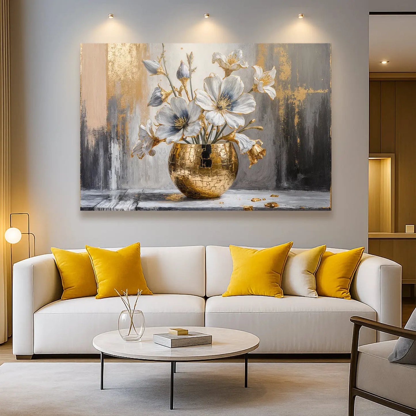 Magnolia Bloom in Gold Canvas by Tailored Canvases with gold vase and white blossoms on gray background on Tampa Home & Garden Store