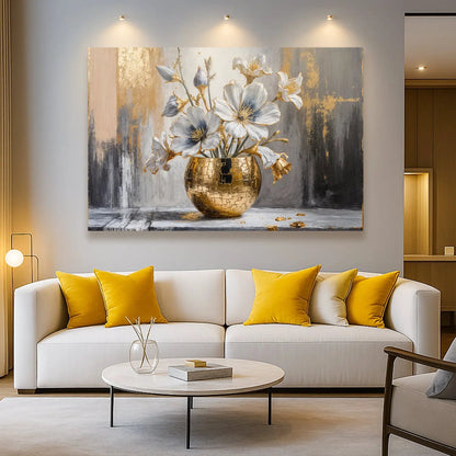 Magnolia Bloom in Gold Canvas by Tailored Canvases with gold vase and white blossoms on gray background on Tampa Home & Garden Store