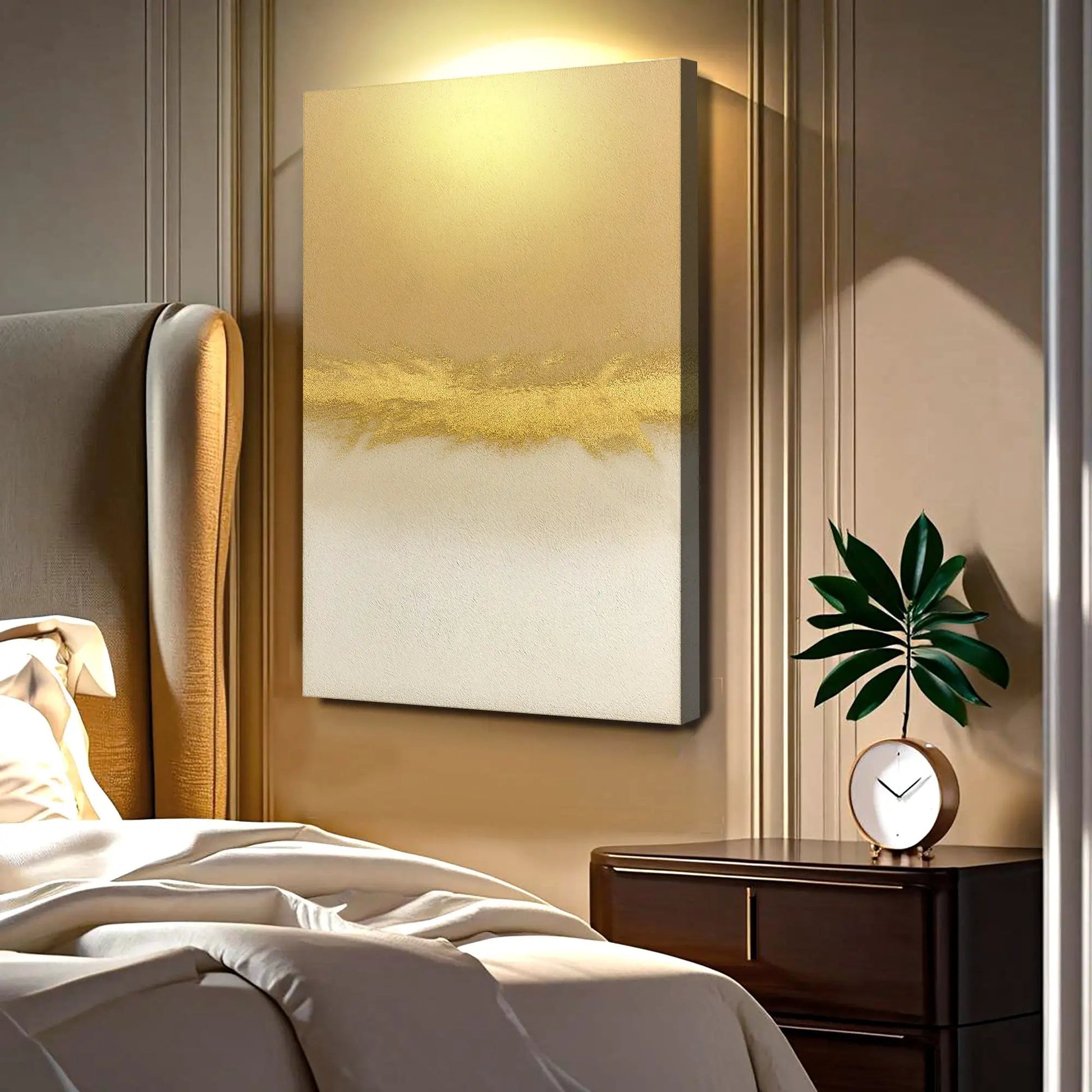 Minimalist white and gold canvas wall art with a gold bottom gradient, vertical orientation on Tampa Home & Garden Store