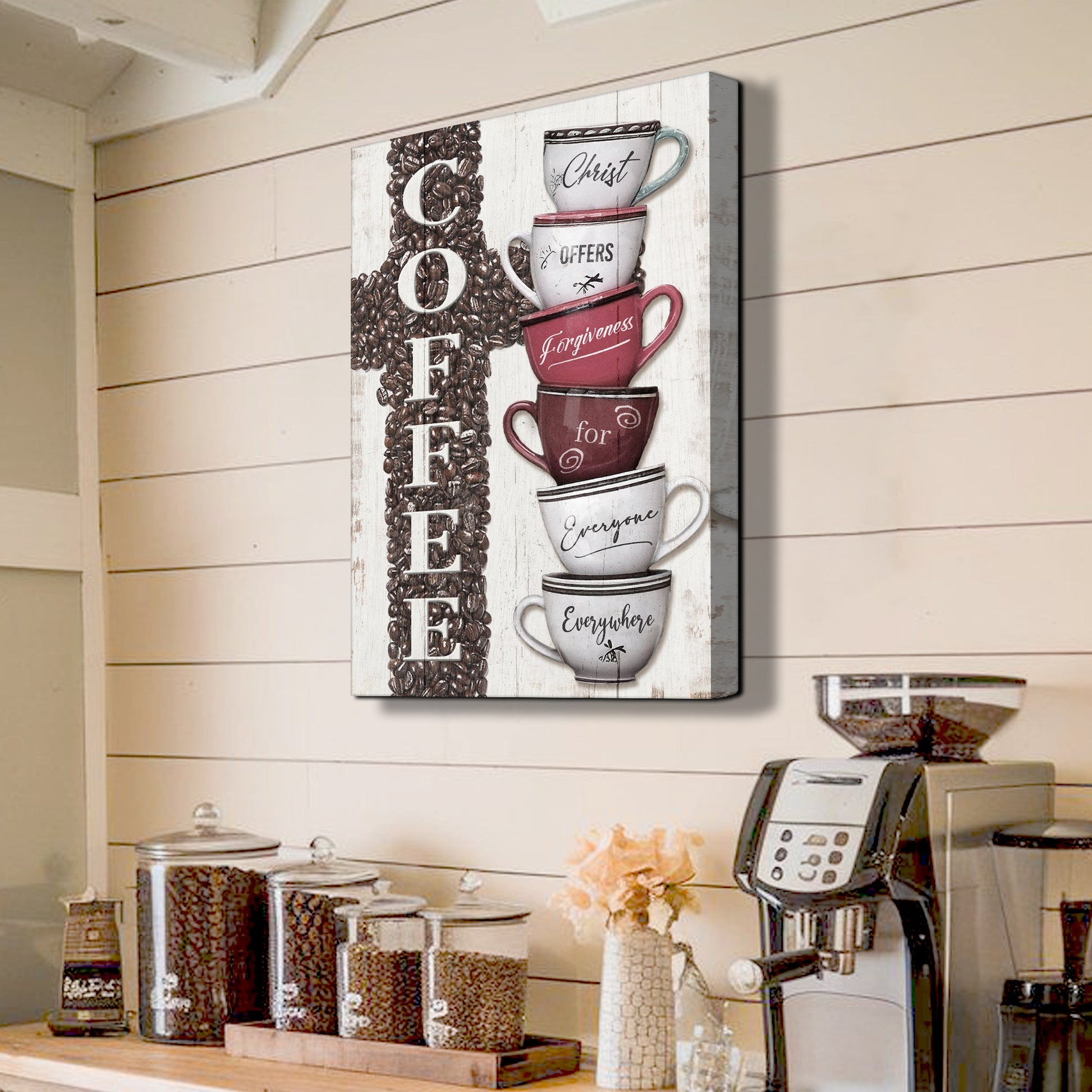 COFFEE Faith Sign IV canvas with stacked cups and coffee beans on white wood backdrop on Tampa Home & Garden Store