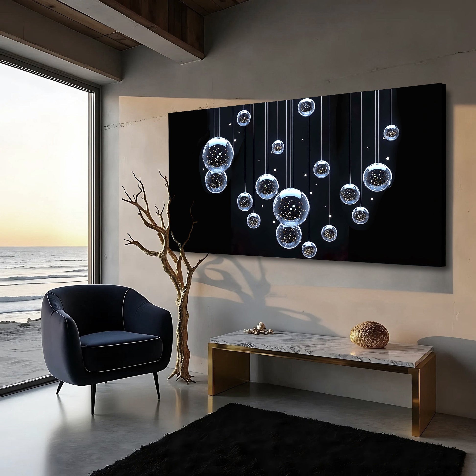 Modern Abstract Bubbles Wall Art canvas with hanging bubble spheres on dark background on Tampa Home & Garden Store