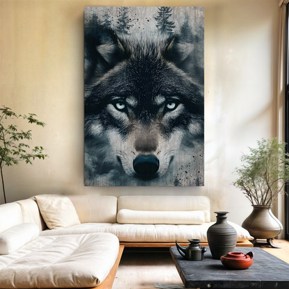 Wolf Double Exposure canvas by Tailored Canvases, blue eyes wolf forest overlay on Tampa Home & Garden Store