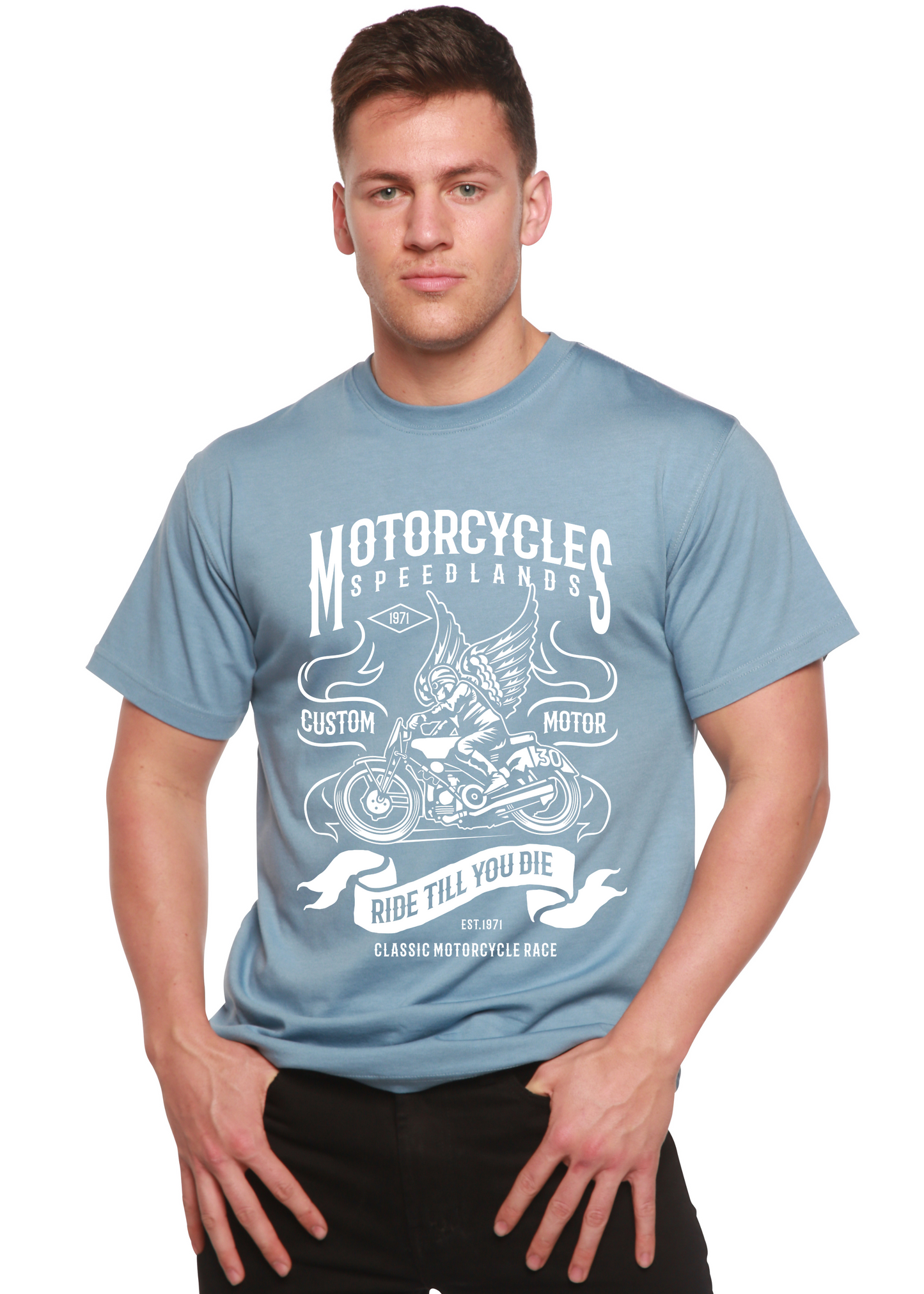 Mens blue Spun Bamboo graphic T-shirt with motorcycle artwork on Tampa Home & Garden Store