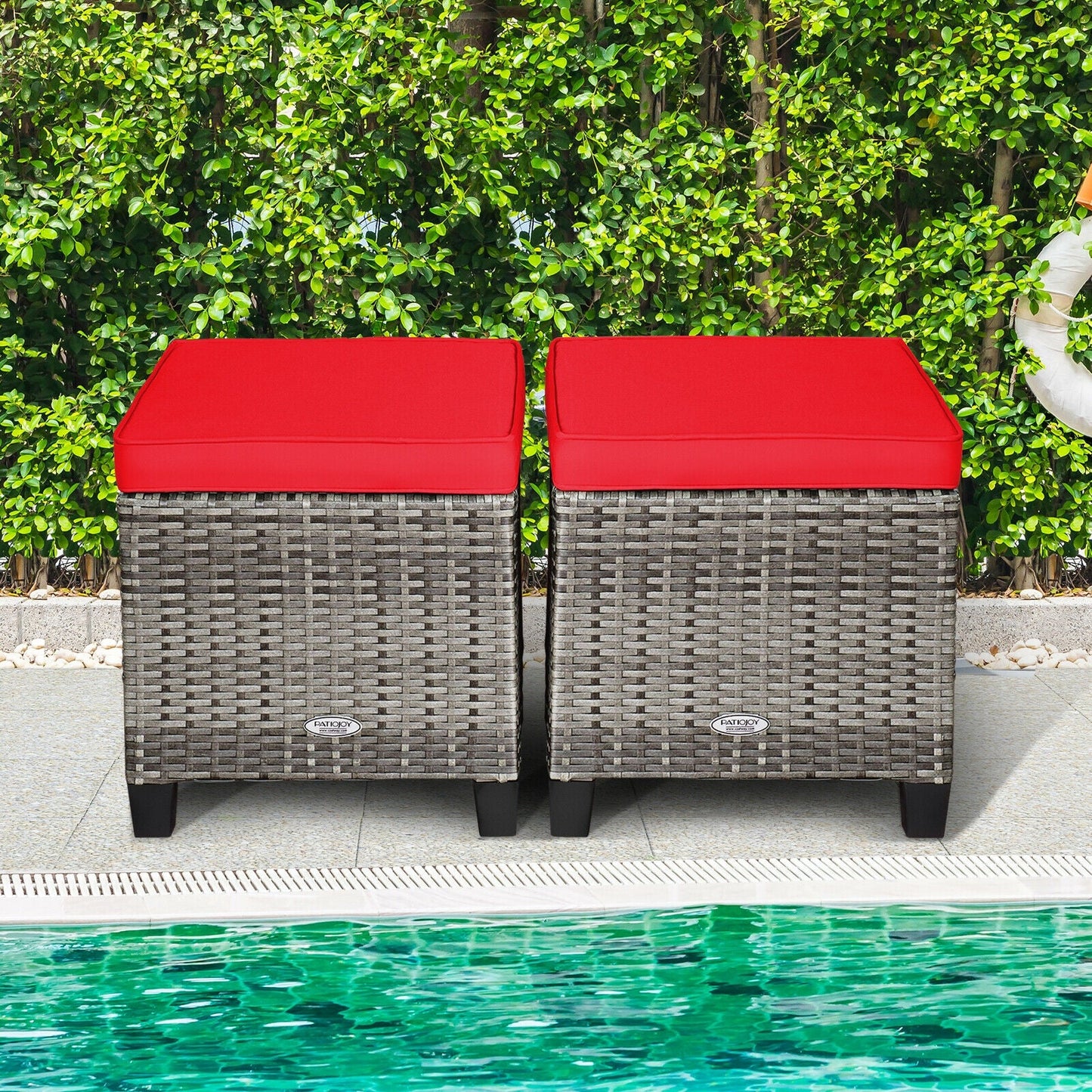 2 taburetes de mimbre de ratán para patio con cojines extraíbles - Rojo