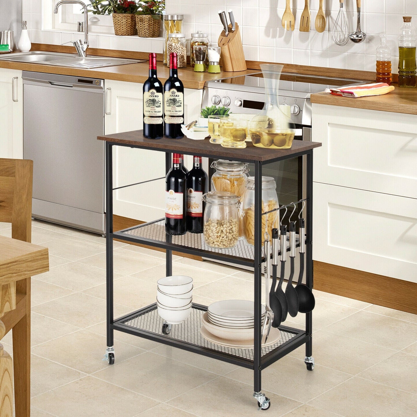 Carrito de servicio de cocina de 3 niveles, estante utilitario para microondas con ganchos, marrón