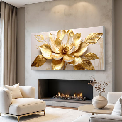 Golden Dandelion Minimalist Abstract Wall Art VIII canvas with gold leaves above a fireplace on Tampa Home & Garden Store