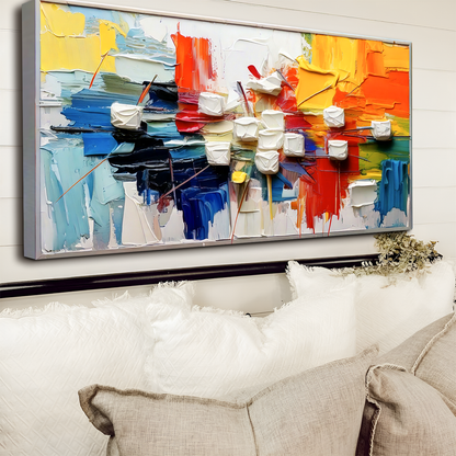 Urban Abstract Wall Art canvas with bold textured impasto in blue, yellow and red, silver frame on Tampa Home & Garden Store