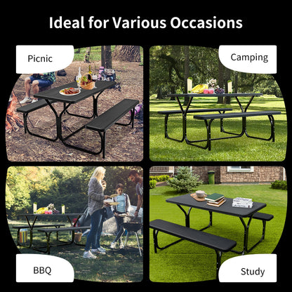Juego de mesa y banco de pícnic para exterior de HDPE con base de metal - Negro