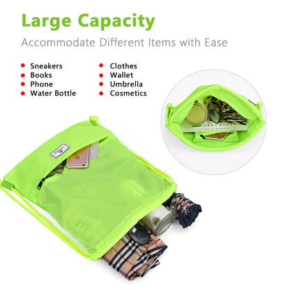 GemGear neon green drawstring backpack with zipper pocket foldable sports bag opened with clothes on Tampa Home & Garden Store