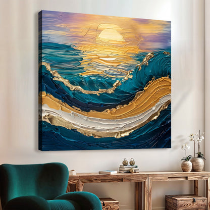 Golden Hour Wall Art canvas by Tailored Canvases with textured gold and teal waves on Tampa Home & Garden Store