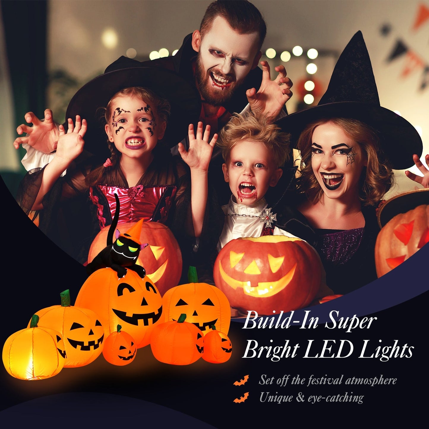 Halloween 7.5 ft inflatable pumpkin combo with witch and black cat, DirectDeals LED lights on Tampa Home & Garden Store