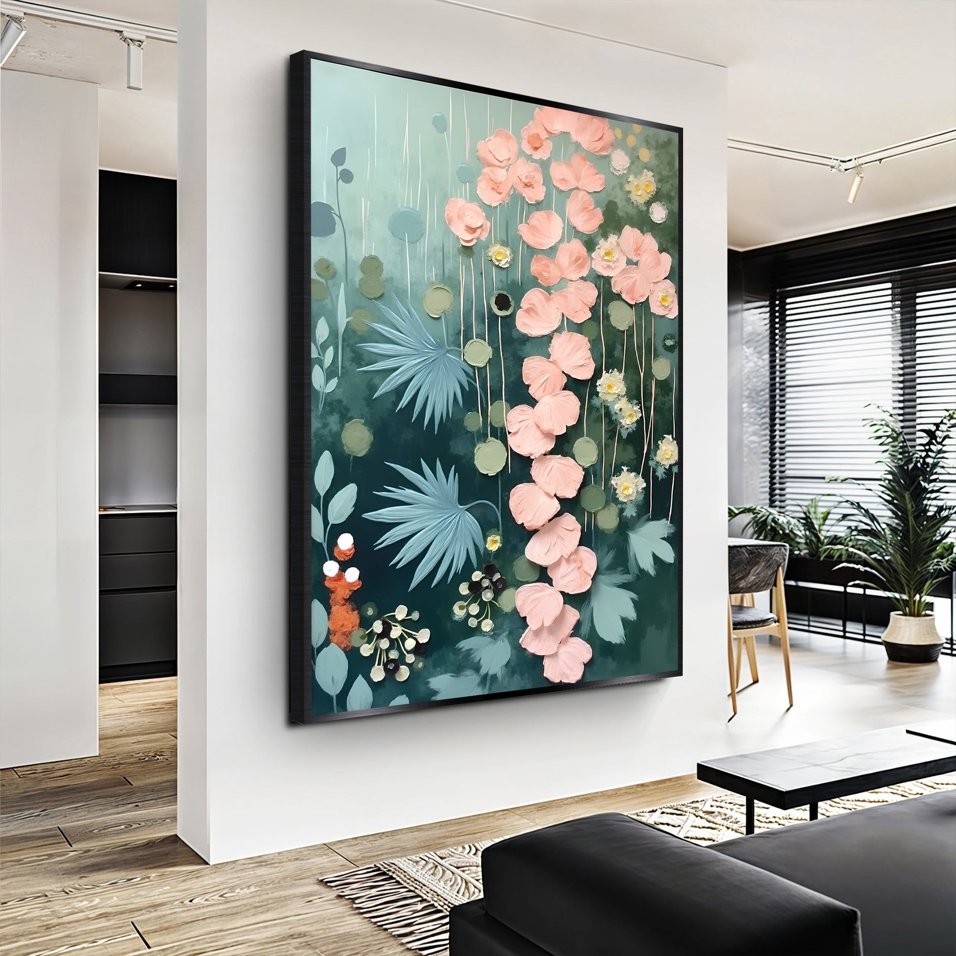 Secret Garden Wall Art II canvas by Tailored Canvases teal background, pink flowers on Tampa Home & Garden Store