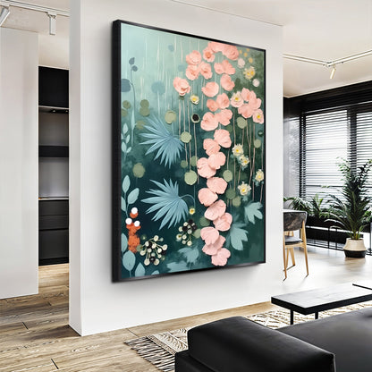 Secret Garden Wall Art II canvas by Tailored Canvases teal background, pink flowers on Tampa Home & Garden Store