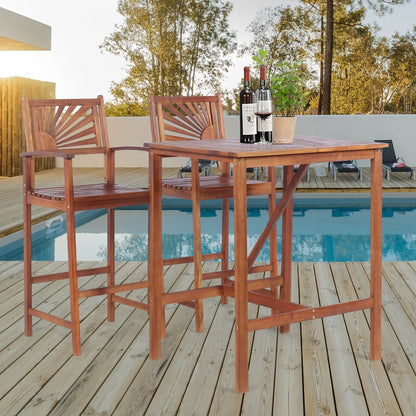 Juego de barra para patio de madera de acacia de 3 piezas con respaldo con diseño de girasol