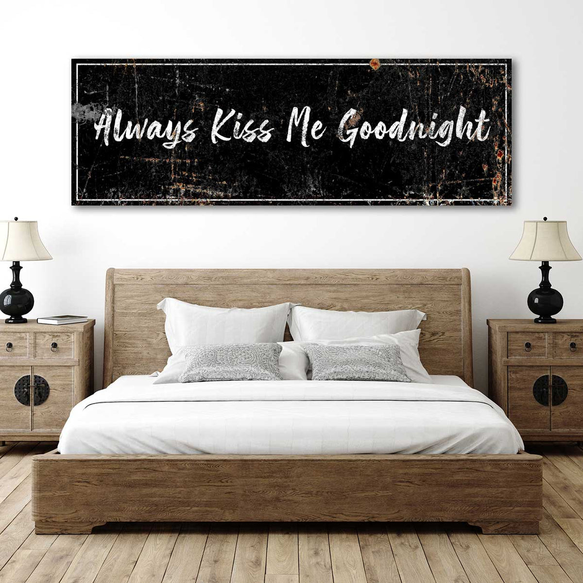 Always Kiss Me Goodnight canvas sign with black distressed background and white script on Tampa Home & Garden Store