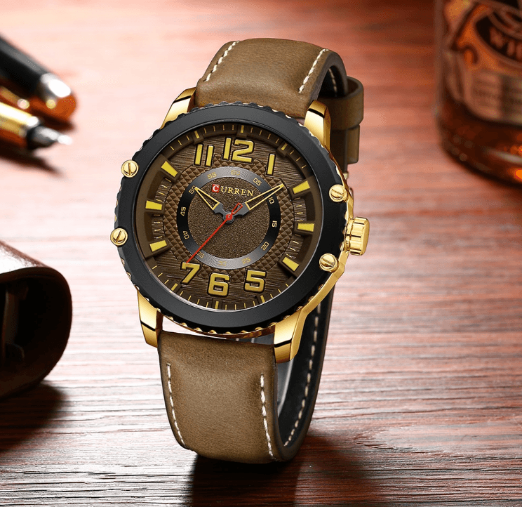 Men's waterproof sport watch Stevvex ST1CU4000MKZ with brown leather strap and gold-tone case on Tampa Home & Garden Store