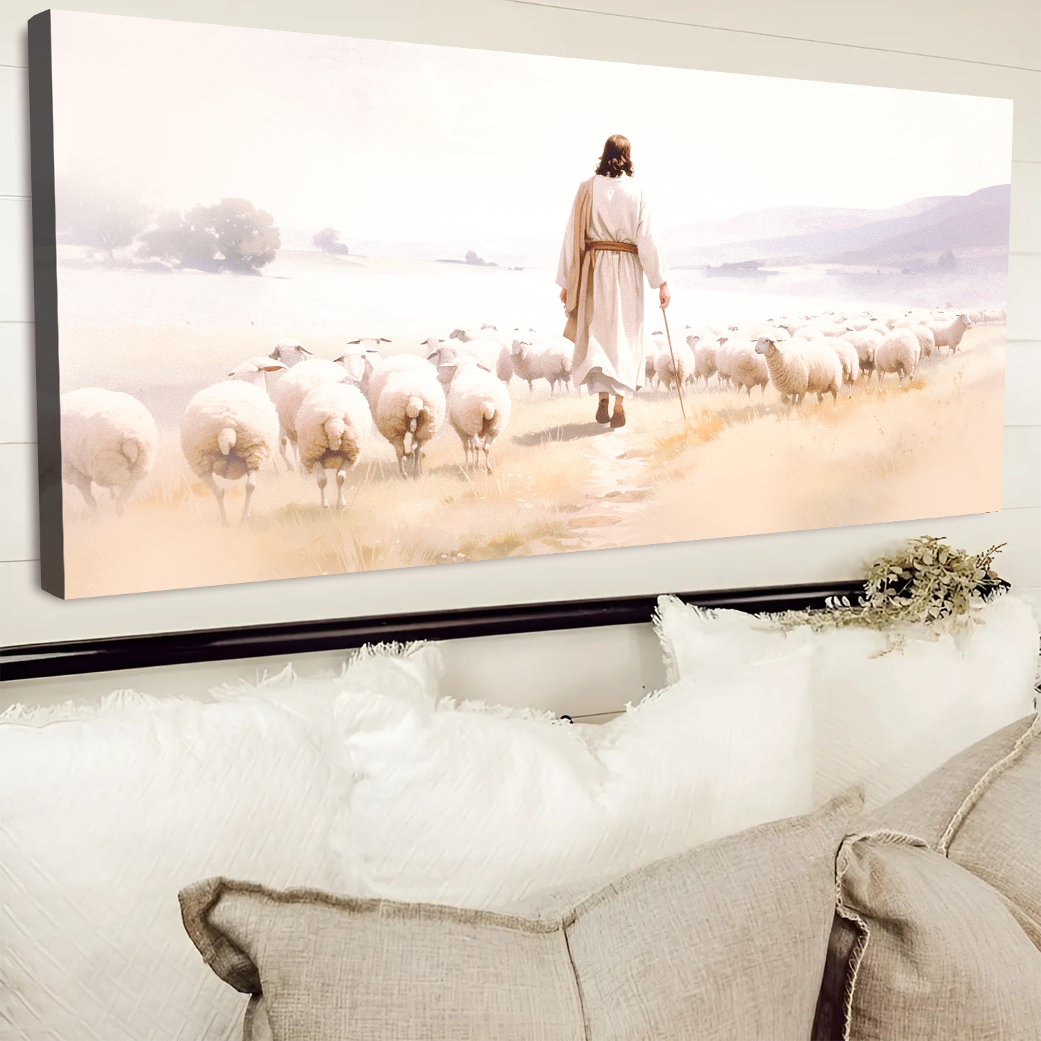 Canvas wall art 99 Faith XI by Tailored Canvases, shepherd guiding a flock of sheep on Tampa Home & Garden Store