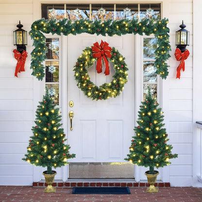 4-Piece Christmas Set: garland, wreath & entrance trees; green with lights and red bows on Tampa Home & Garden Store