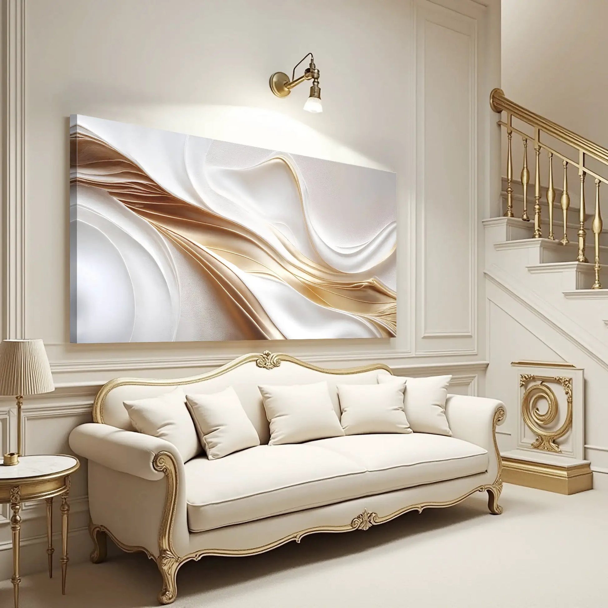 Canvas White and Gold Abstract Wall Art by Tailored Canvases with flowing gold curves on white on Tampa Home & Garden Store