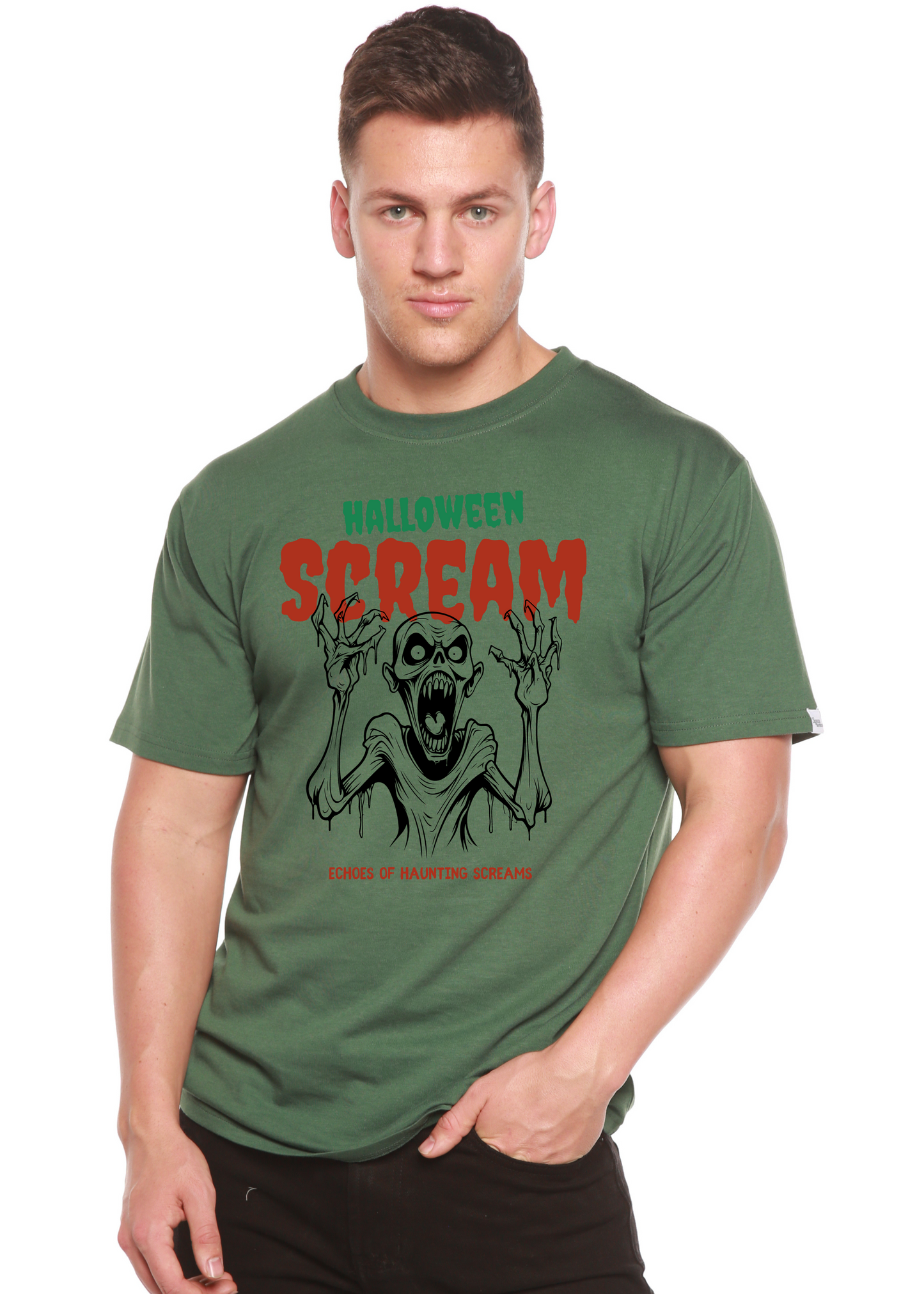 Halloween Scream men's green graphic T-shirt with skeletal print, Spun Bamboo bamboo viscose on Tampa Home & Garden Store