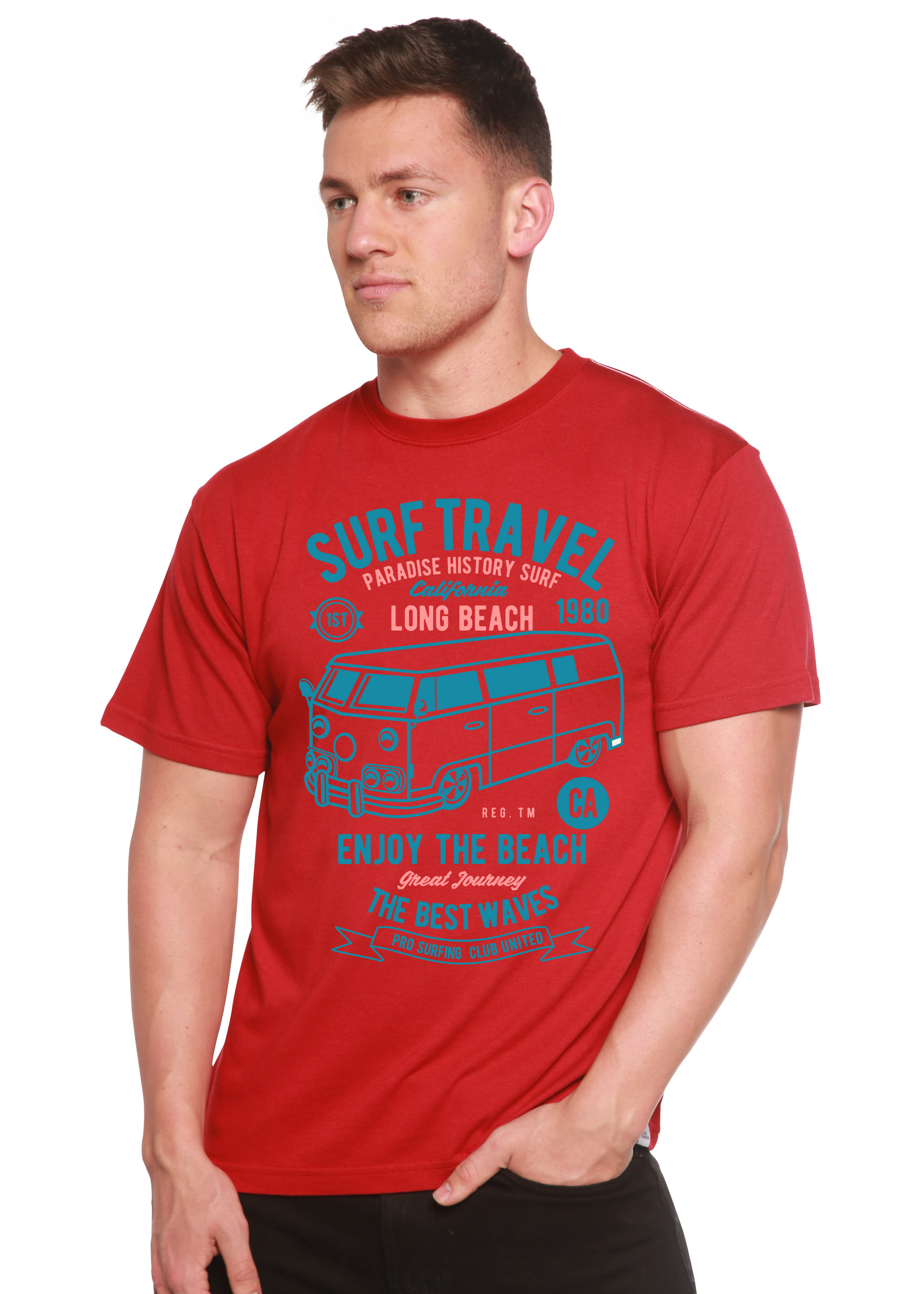 Men's red Surf Travel Spun Bamboo T-shirt with teal bus print by Spun Bamboo on Tampa Home & Garden Store